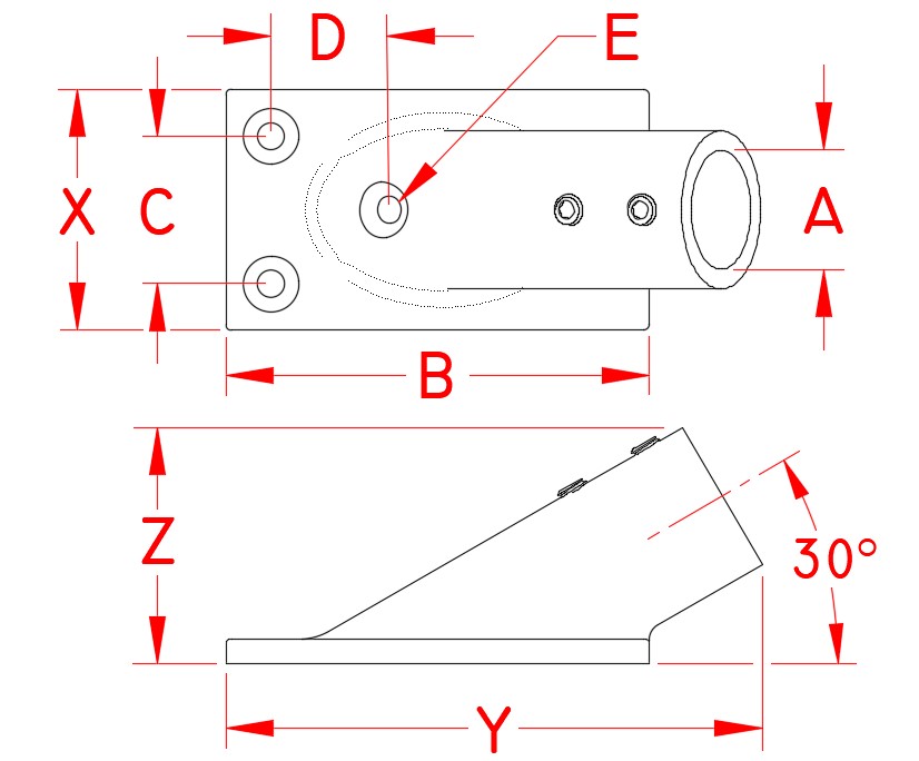 Stainless Steel Rectangular Base - 30 Degree Angle, Railing and Bimini, S3651-0300, S3651-0301, Line Drawing